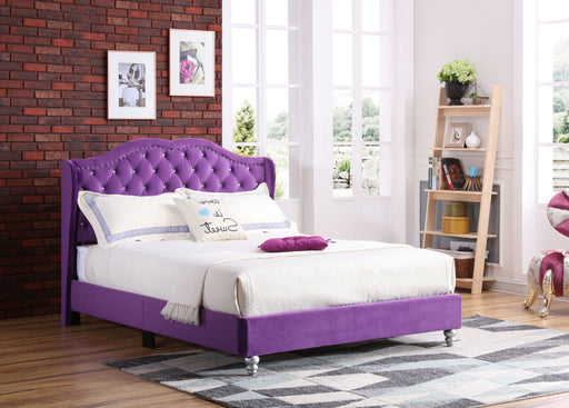 Transitional upholstered bed with a padded headboard in neutral fabric, displayed in a modern bedroom setting by Glory Furniture.