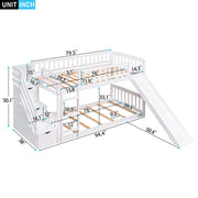 DreamHaus twin over twin stairway bunk bed with two drawers and slide, featuring sturdy wood construction and safety rails.