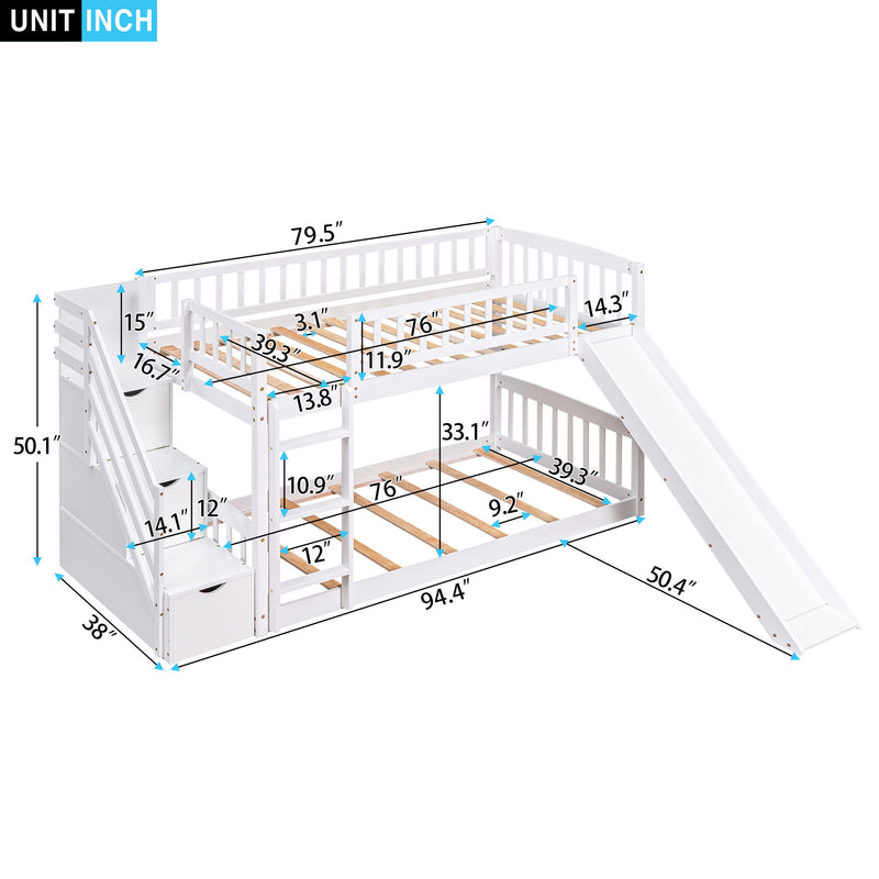 DreamHaus twin over twin stairway bunk bed with two drawers and slide, featuring sturdy wood construction and safety rails.