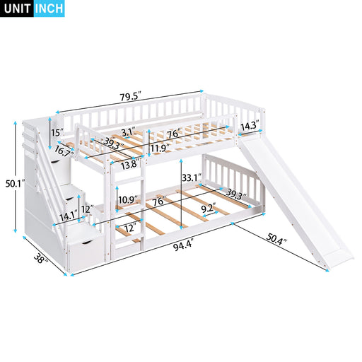 DreamHaus twin over twin stairway bunk bed with two drawers and slide, featuring sturdy wood construction and safety rails.