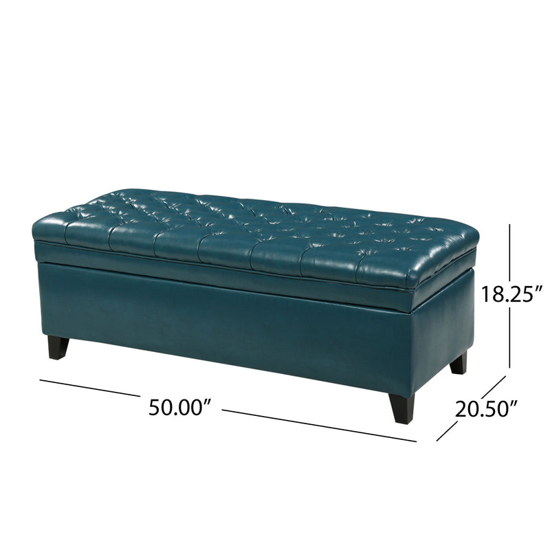Noble House Juliana storage ottoman with birch wood legs, beige fabric upholstery, and a cushioned top for seating and storage.