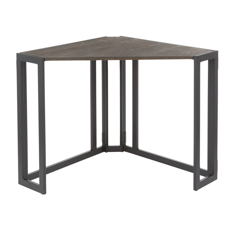 Lumi Source Roman industrial corner desk in black and espresso finish, featuring a modern design with spacious surface and sturdy build.