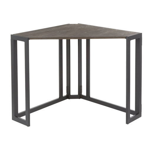 Lumi Source Roman industrial corner desk in black and espresso finish, featuring a modern design with spacious surface and sturdy build.