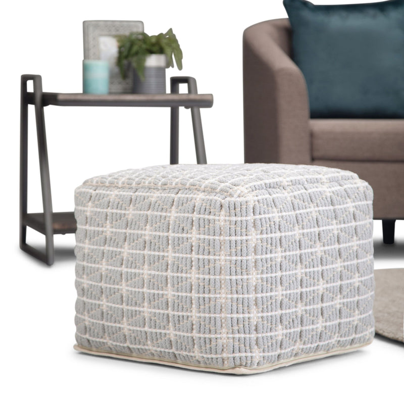 Simpli-Home Noreen upholstered square pouf, a soft, fabric accent pouf with cushioning for versatile seating or decor.