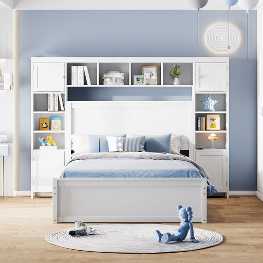 DreamHaus storage bed with integrated cabinet, shelf, sockets, and trundle for space-saving bedroom organization.