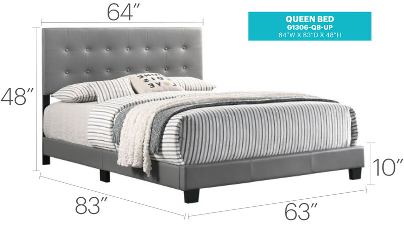 Glory Furniture Caldwell upholstered bed with a padded headboard and neutral fabric, showcasing a stylish bedroom furniture piece.