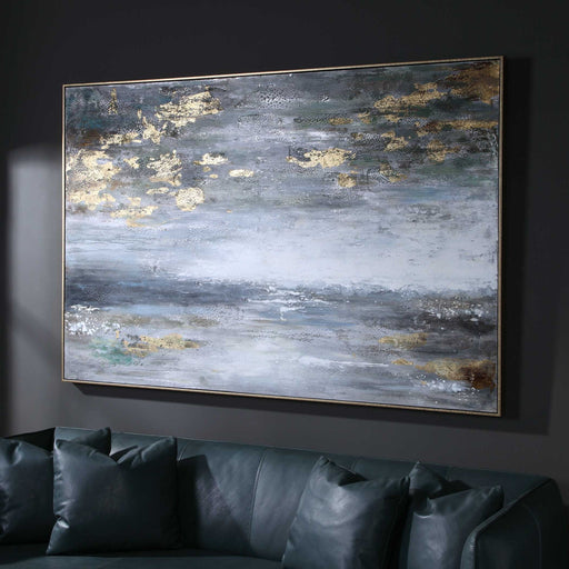 Hand-painted blue canvas art titled Dawn To Dusk by Uttermost, featuring vibrant abstract brushstrokes on a rectangular canvas.
