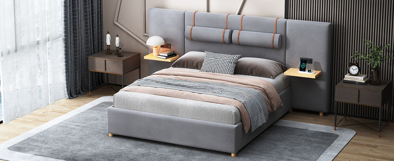 Upholstered Platform Bed, 2 Outlets And USB Charging Ports On Both Sides, 2 Bedside Pillows, Storage Shelves - R&R Furniture Gallery (Fountain Valley, CA)