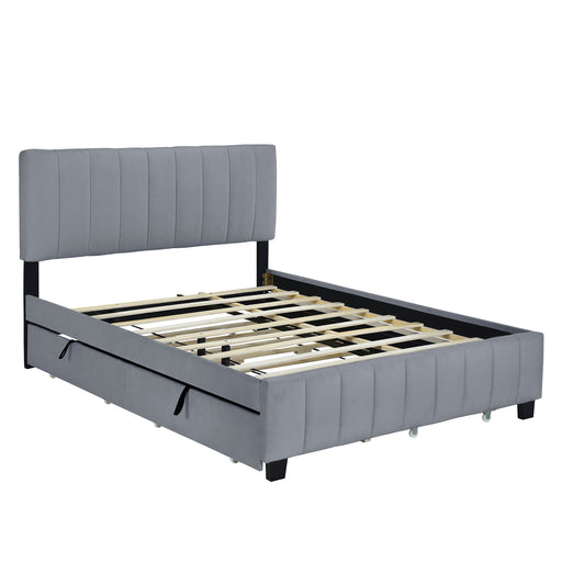 DreamHaus platform upholstered storage bed with two drawers and twin long trundle, showcasing a modern, padded headboard and sleek design.