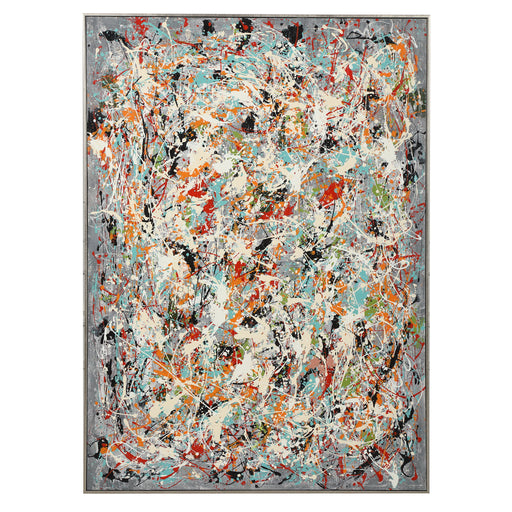 Hand painted canvas art by Uttermost featuring an Organized Chaos design in pearl silver tones.