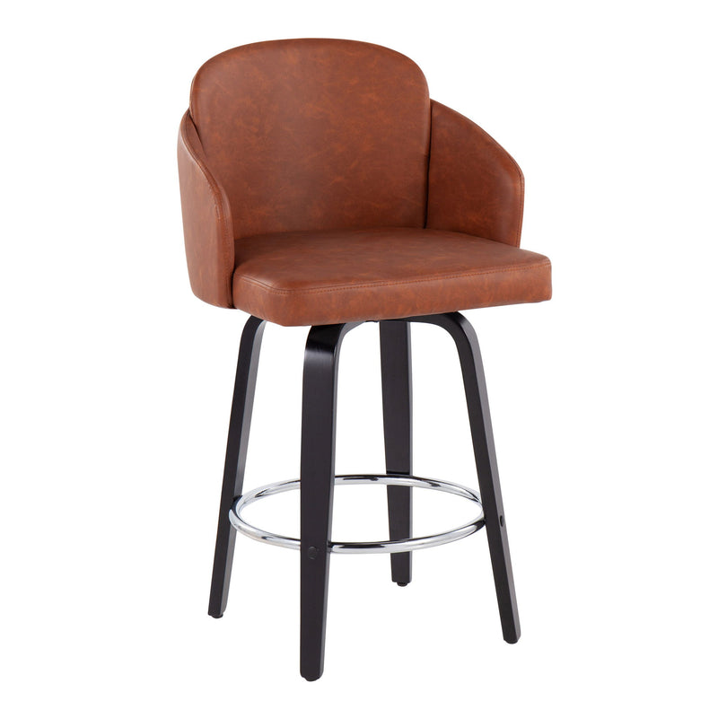 Set of two Lumi Source Dahlia contemporary counter stools with round footrests, showcasing modern design and sleek black upholstery.