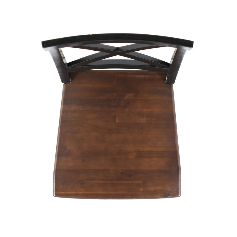 Set of two Noble House Plethora dining chairs featuring X-shaped back design and wooden legs.