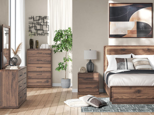 Walnut brown accent nightstand with two drawers from Signature Design by Ashley, featuring a sleek, modern wood finish.