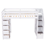 DreamHaus loft bed with built-in storage drawers, stairs with shelves, and a sturdy frame for efficient space-saving bedroom use.
