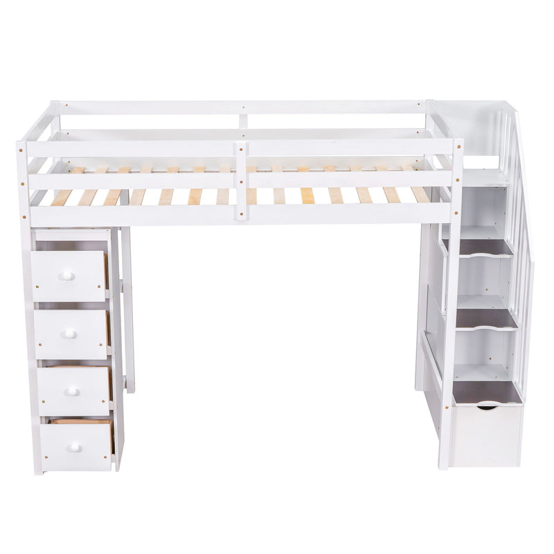 DreamHaus loft bed with built-in storage drawers, stairs with shelves, and a sturdy frame for efficient space-saving bedroom use.