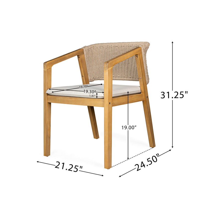 Pair of Noble House patio dining chairs in light teak wood with slatted backs and armrests for outdoor seating.
