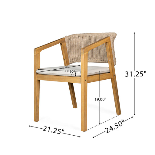 Pair of Noble House patio dining chairs in light teak wood with slatted backs and armrests for outdoor seating.