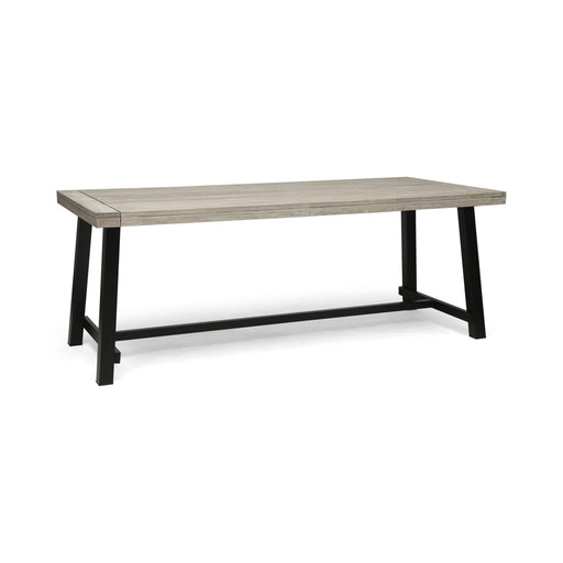 Noble House Equilibrium outdoor dining table with wooden frame and slat top, perfect for patio or backyard dining spaces.