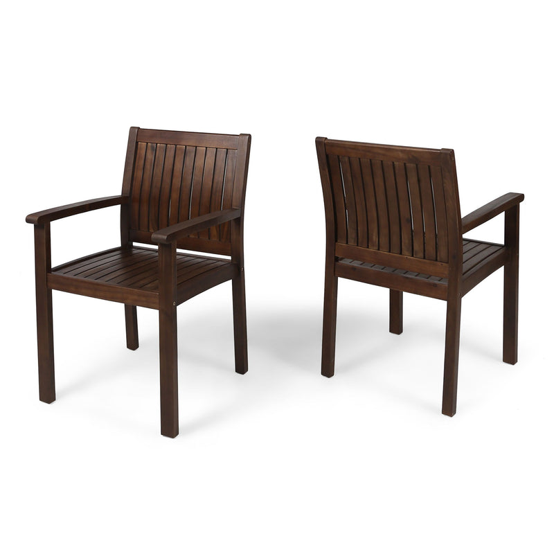Set of two Noble House Wilson rustic dining chairs in dark brown acacia wood with slat panel design