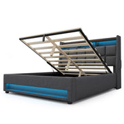 Artistry At Home upholstered platform storage bed with hydraulic lift, LED lighting, and USB charging ports, without mattress.