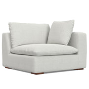 Simpli-Home Jasmine handcrafted stationary sectional sofa in neutral fabric with plush cushions and wide armrests.