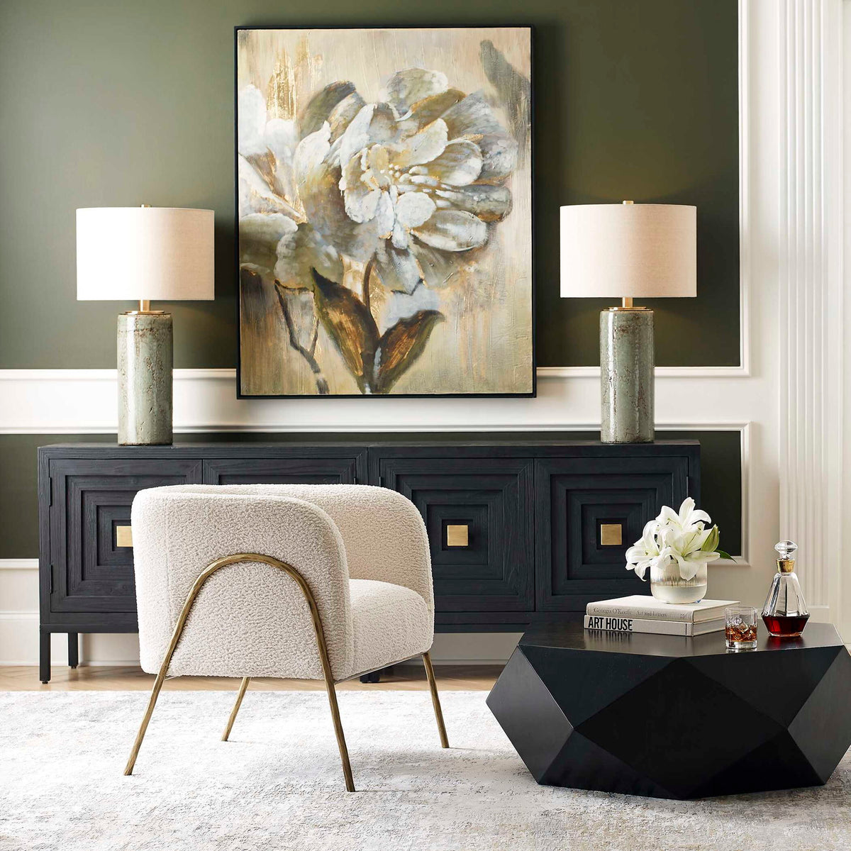 Uttermost Callais crackled aqua table lamp with textured ceramic base and white fabric shade on a wooden surface.