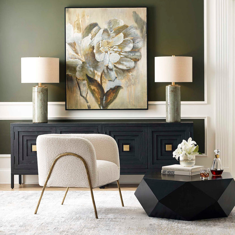 Uttermost Callais crackled aqua table lamp with textured ceramic base and white fabric shade on a wooden surface.
