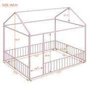 Metal house bed frame with canopy and fence, designed by Halcyon Home, featuring a sturdy metal structure and enclosed sleeping area.