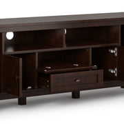 Handcrafted Warm Shaker TV media stand by Simpli-Home with open shelving and storage compartments for media devices and accessories.