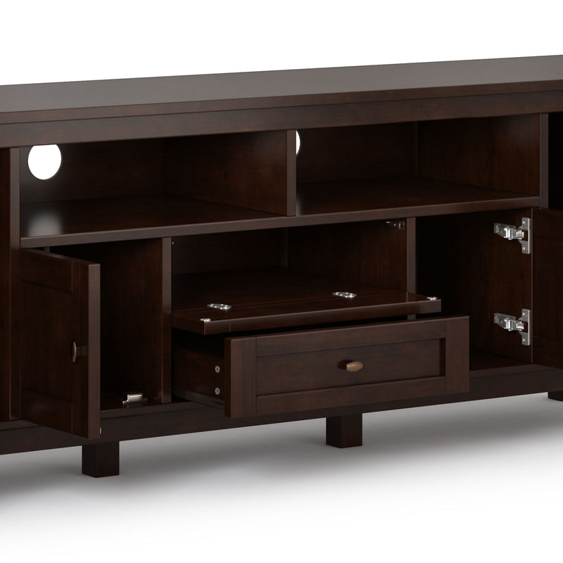 Handcrafted Warm Shaker TV media stand by Simpli-Home with open shelving and storage compartments for media devices and accessories.
