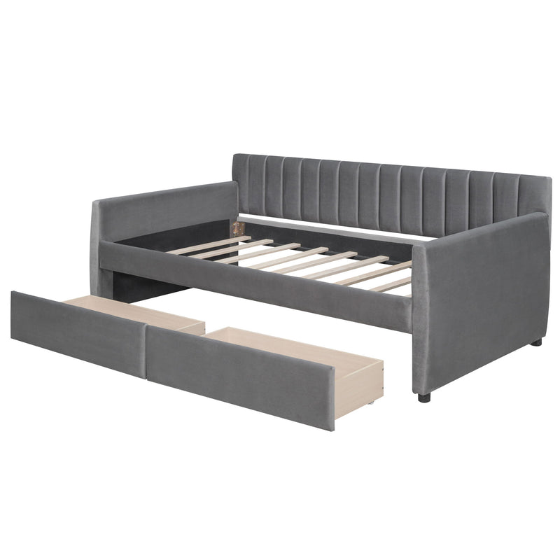 DreamHaus upholstered daybed with slat support, featuring a storage bed design and plush fabric upholstery in a modern bedroom setting.