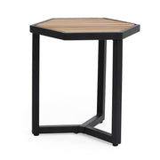 Noble House outdoor side table with iron base and slatted wood top in brown for patio or garden use
