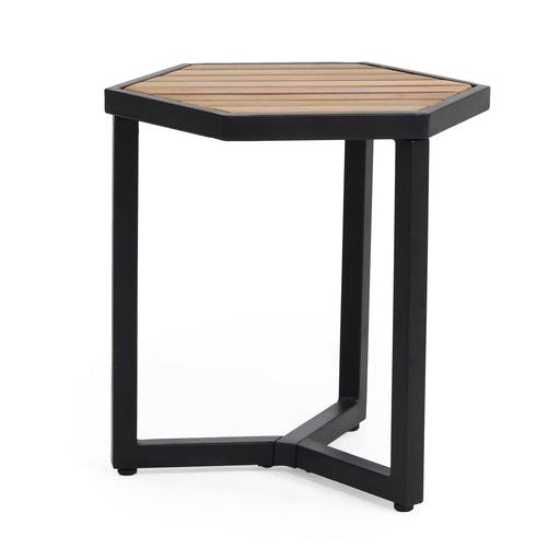 Noble House outdoor side table with iron base and slatted wood top in brown for patio or garden use