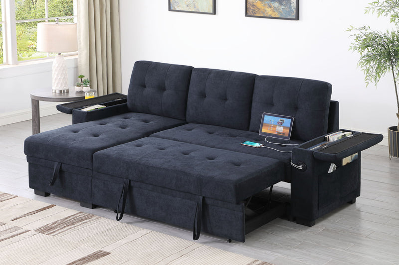 Ashlyn II - 84"W Woven Fabric Reversible Sleeper Sectional Sofa with Storage Chaise - R&R Furniture Gallery (Fountain Valley, CA)