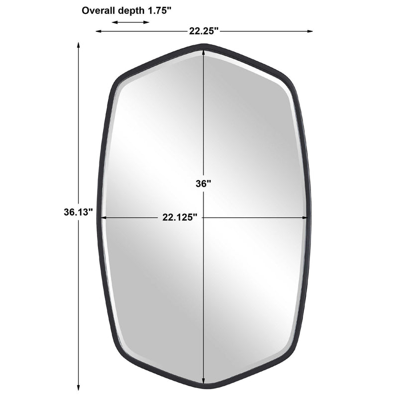 Uttermost Duronia iron wall mirror with a sleek, modern frame, hanging on a wall, showcasing its elegant reflective surface.
