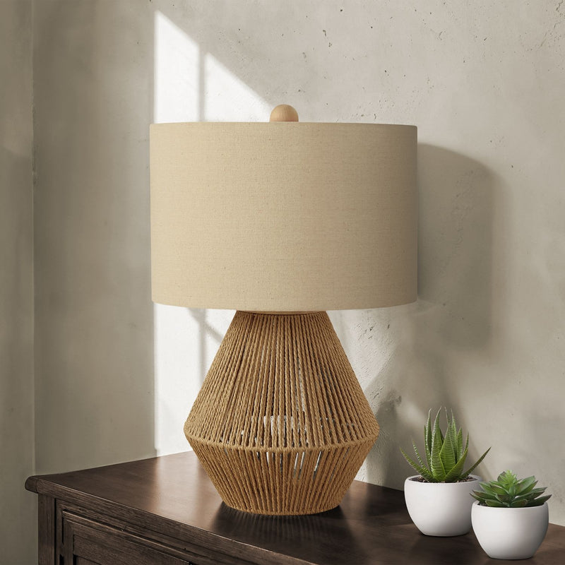 8th Street rope resin table lamp with brown transitional design, featuring a textured resin base and fabric shade.