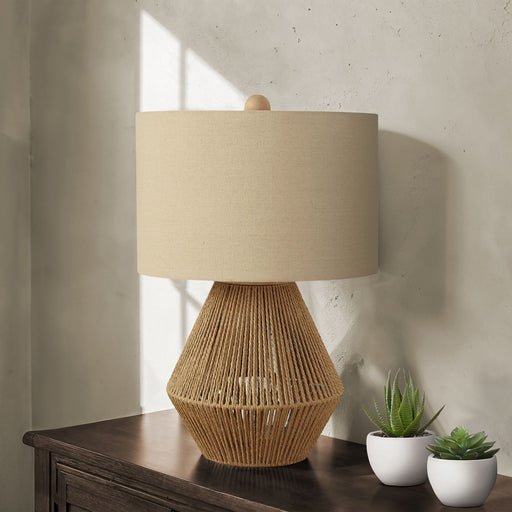 8th Street rope resin table lamp with brown transitional design, featuring a textured resin base and fabric shade.