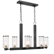 Uttermost Jarsdel 6-light black industrial island pendant light with metal shades and modern design for kitchen or dining area.