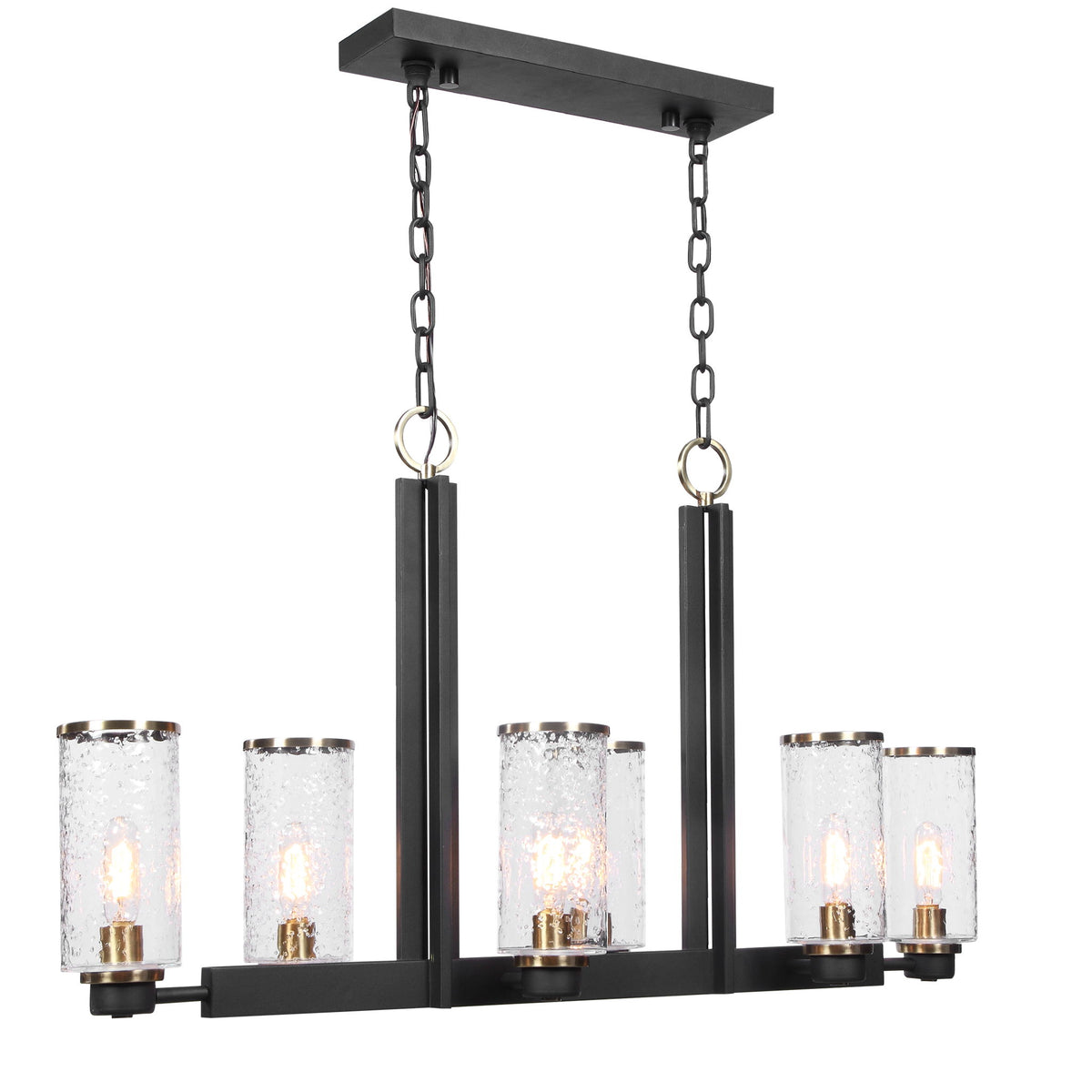 Uttermost Jarsdel 6-light black industrial island pendant light with metal shades and modern design for kitchen or dining area.