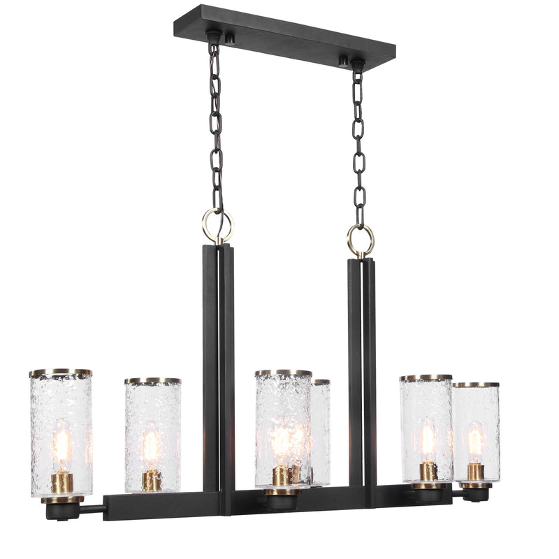 Uttermost Jarsdel 6-light black industrial island pendant light with metal shades and modern design for kitchen or dining area.