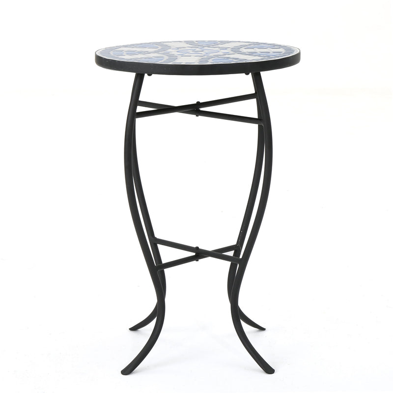 Outdoor Round Side Table With Mosaic Style Top And Curved Iron Legs - Blue / Matte Black - R&R Furniture Gallery (Fountain Valley, CA)
