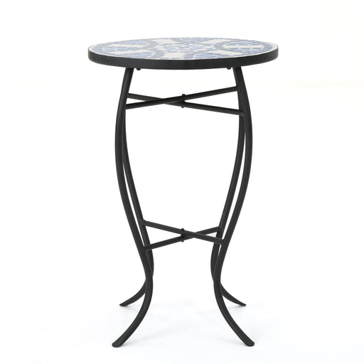 Outdoor Round Side Table With Mosaic Style Top And Curved Iron Legs - Blue / Matte Black - R&R Furniture Gallery (Fountain Valley, CA)