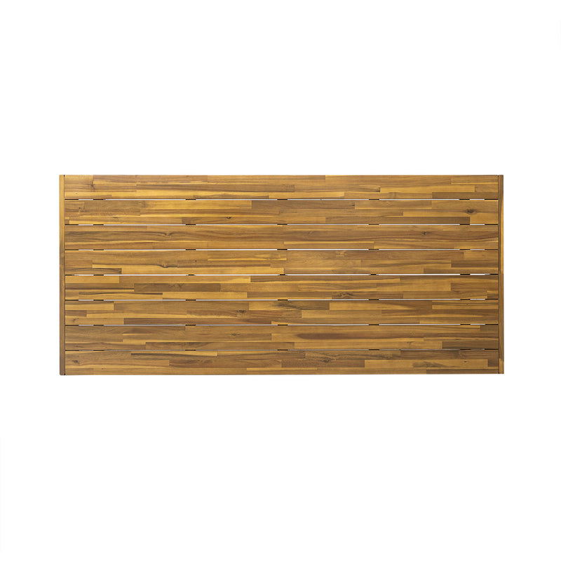 Acacia wood patio dining table by Noble House, 69-inch rectangular outdoor teak and black dining table with sturdy design.