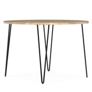 Simpli-Home Hunter round dining table with natural wood finish, sturdy wooden legs, and a spacious surface for family meals.