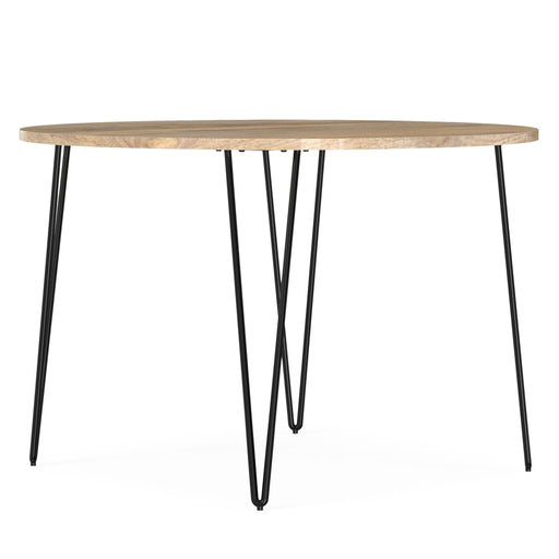 Simpli-Home Hunter round dining table with natural wood finish, sturdy wooden legs, and a spacious surface for family meals.