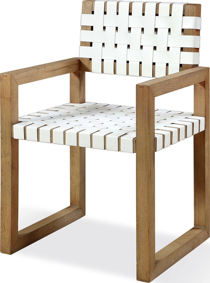 One Woven Leather and Solid Wood Dining Arm Chair in White and Bisque