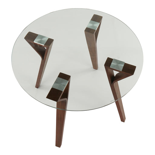 Lumi Source Folia mid-century modern round walnut dining table with clear glass top, stylish and contemporary for dining spaces.