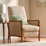 Noble House Mid Century Modern fabric channel stitch wood pushback recliner with cushioned armrests and wooden legs.