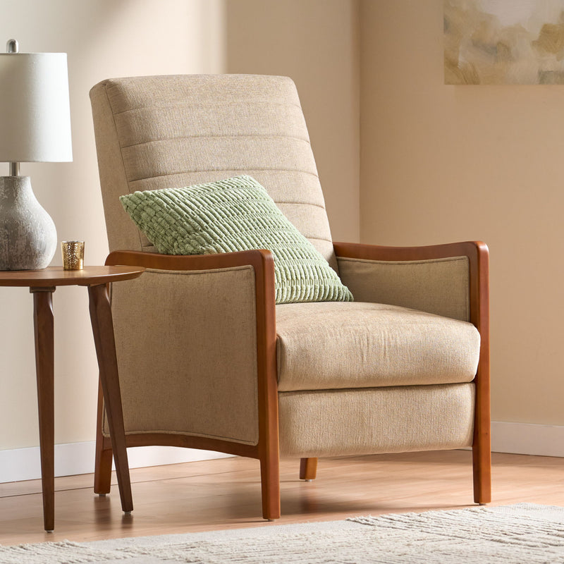 Noble House Mid Century Modern fabric channel stitch wood pushback recliner with cushioned armrests and wooden legs.