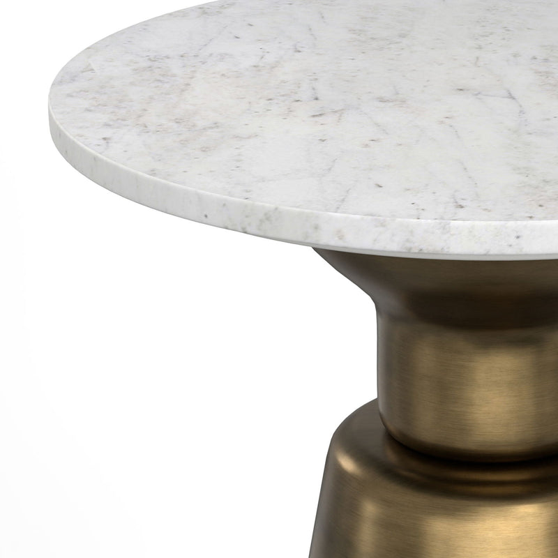 Simpli-Home Leyla side table in antique brass finish with a sleek round design and modern metal legs.
